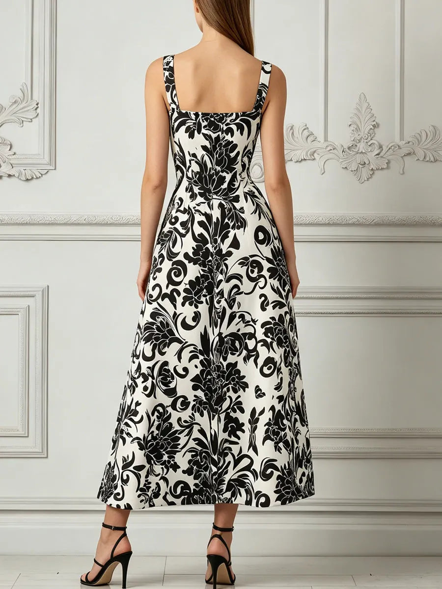 Black & White Baroque Floral Print Square Neck A-Line Midi Dress