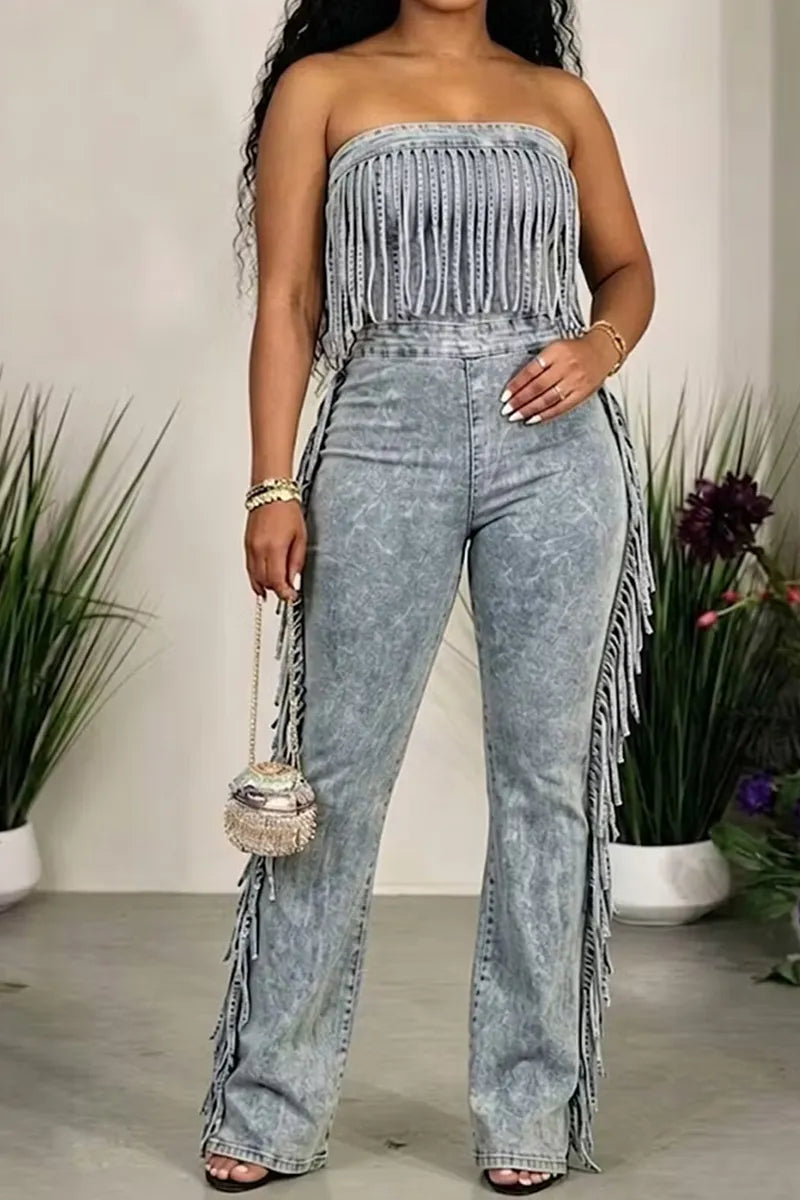 Strapless Fringe Acid Wash Denim Flare Leg Jumpsuit