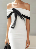 Stylish White Off-the-Shoulder Satin Dress with Black Trim