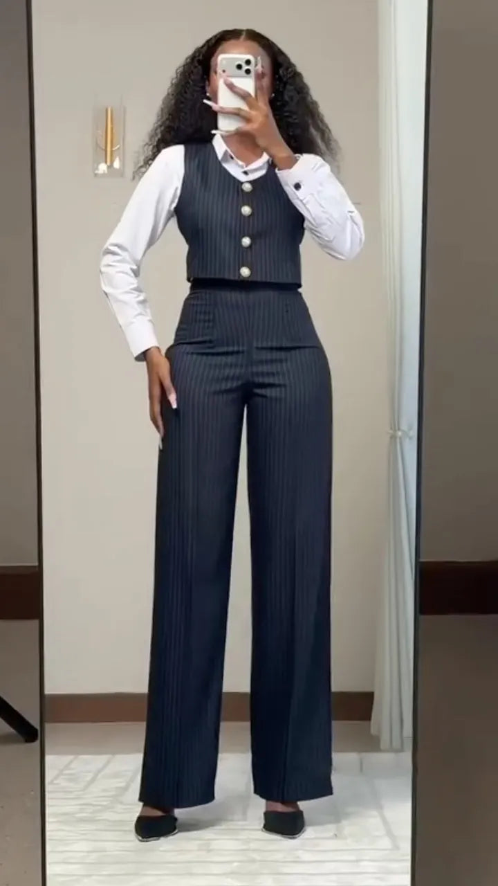 Pinstripe Gold Button Double Breasted Tailored Suit