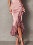 Elegant Blush Satin Lace-Trim Slip Midi Dress With Asymmetric Hem
