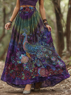 Retro Peacock Floral Gradient Art Linen Blend Midi Skirt