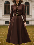 Midi Cotton Dress, Long Sleeves, Shawl Collar, Plain, Belt Design, Vintage, Coffee