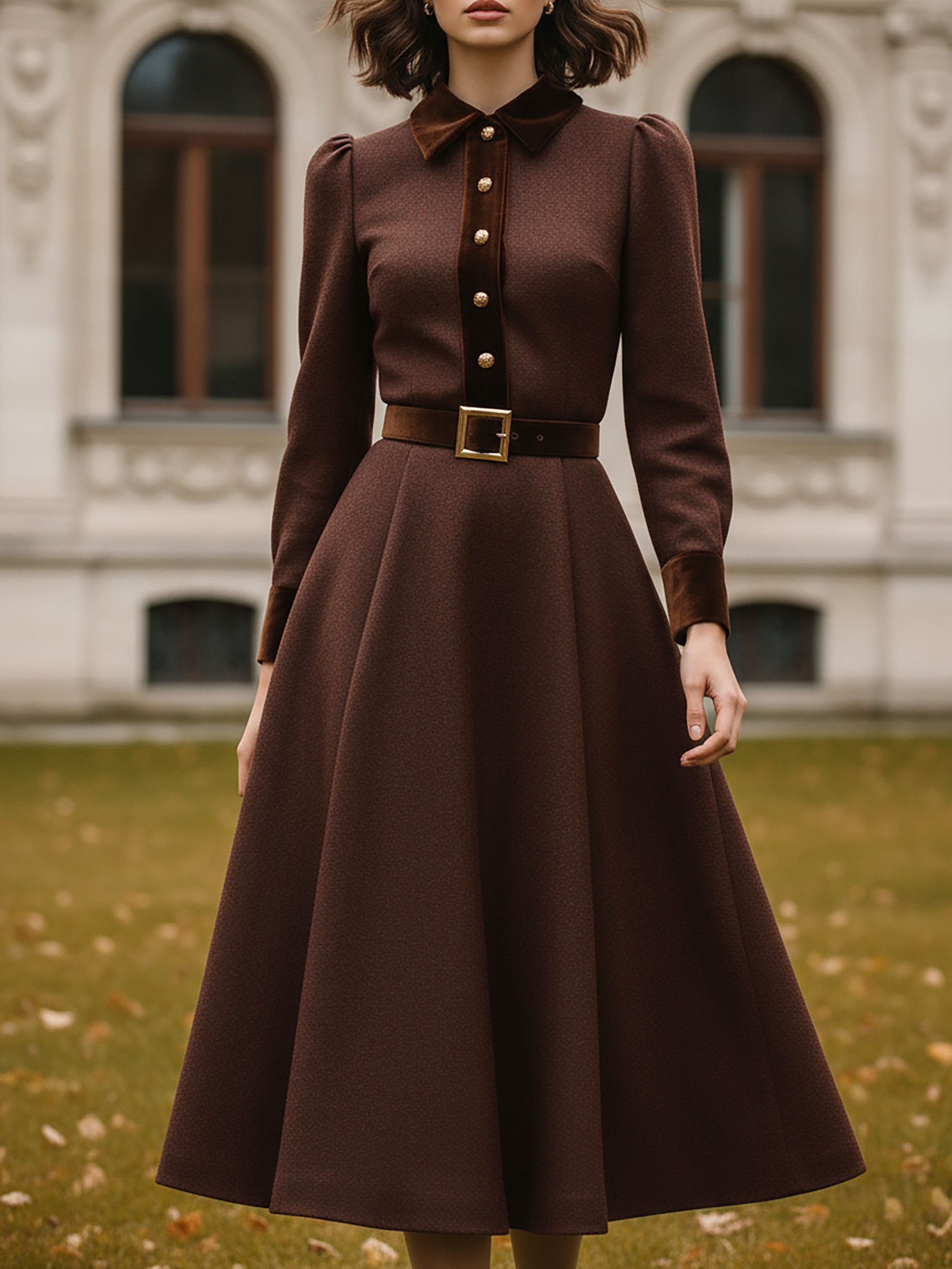 Midi Cotton Dress, Long Sleeves, Shawl Collar, Plain, Belt Design, Vintage, Coffee