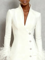 White Feather-trimmed Buckle Classic V Neck Stand Collar Long Sleeve A-Line Mini Dress