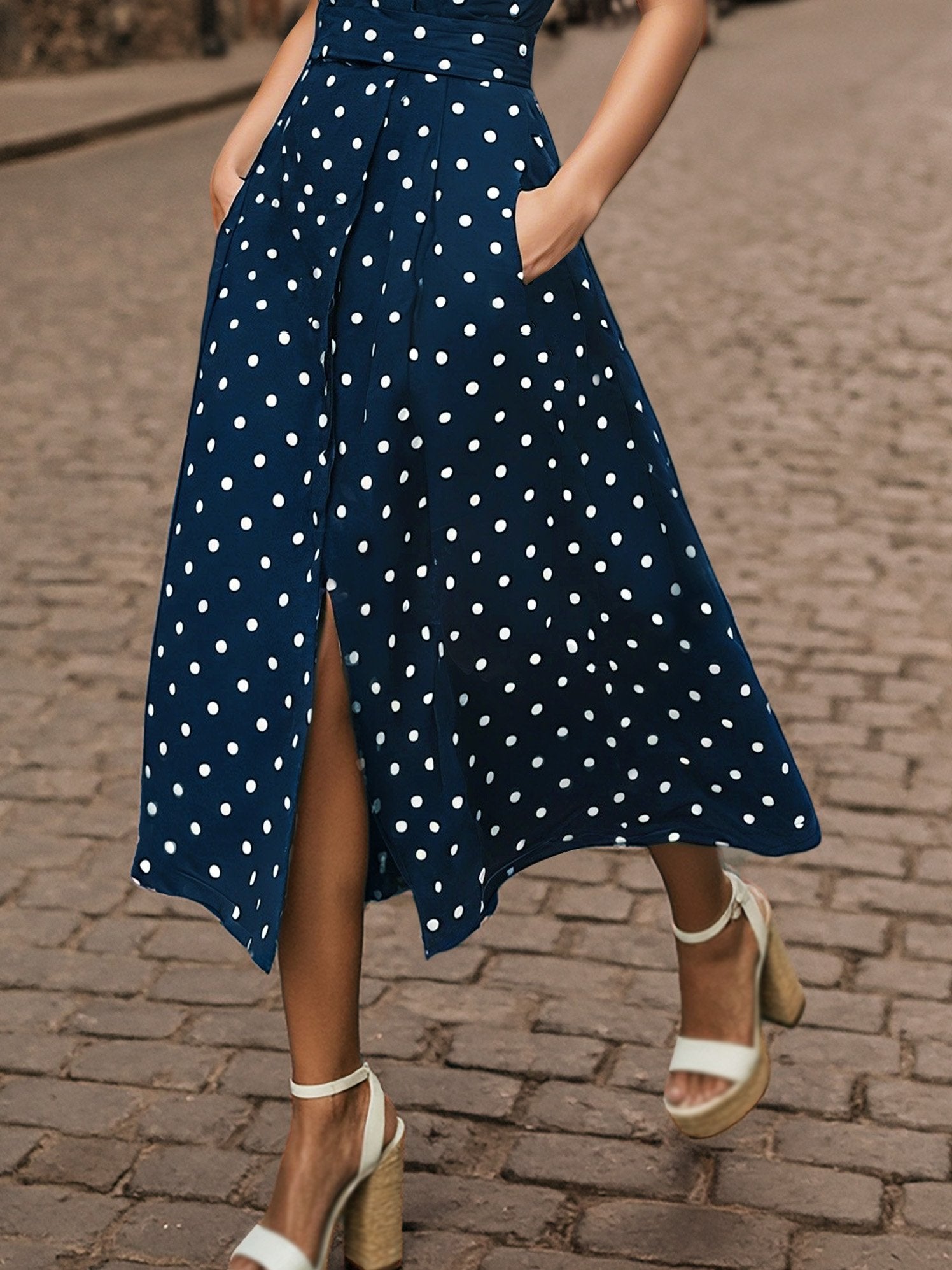 Midi Cotton Dress , Sleeveless, Shawl Collar, Polka Dots, Button Design, French Vintage, Coffee