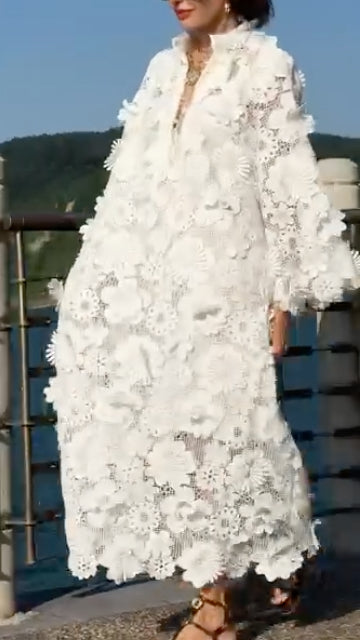 V Neck  3D Floral Lace Kaftan Maxi Dress