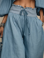 Blue Off-Shoulder Linen-Blend Two-Piece Balloon Pant Set