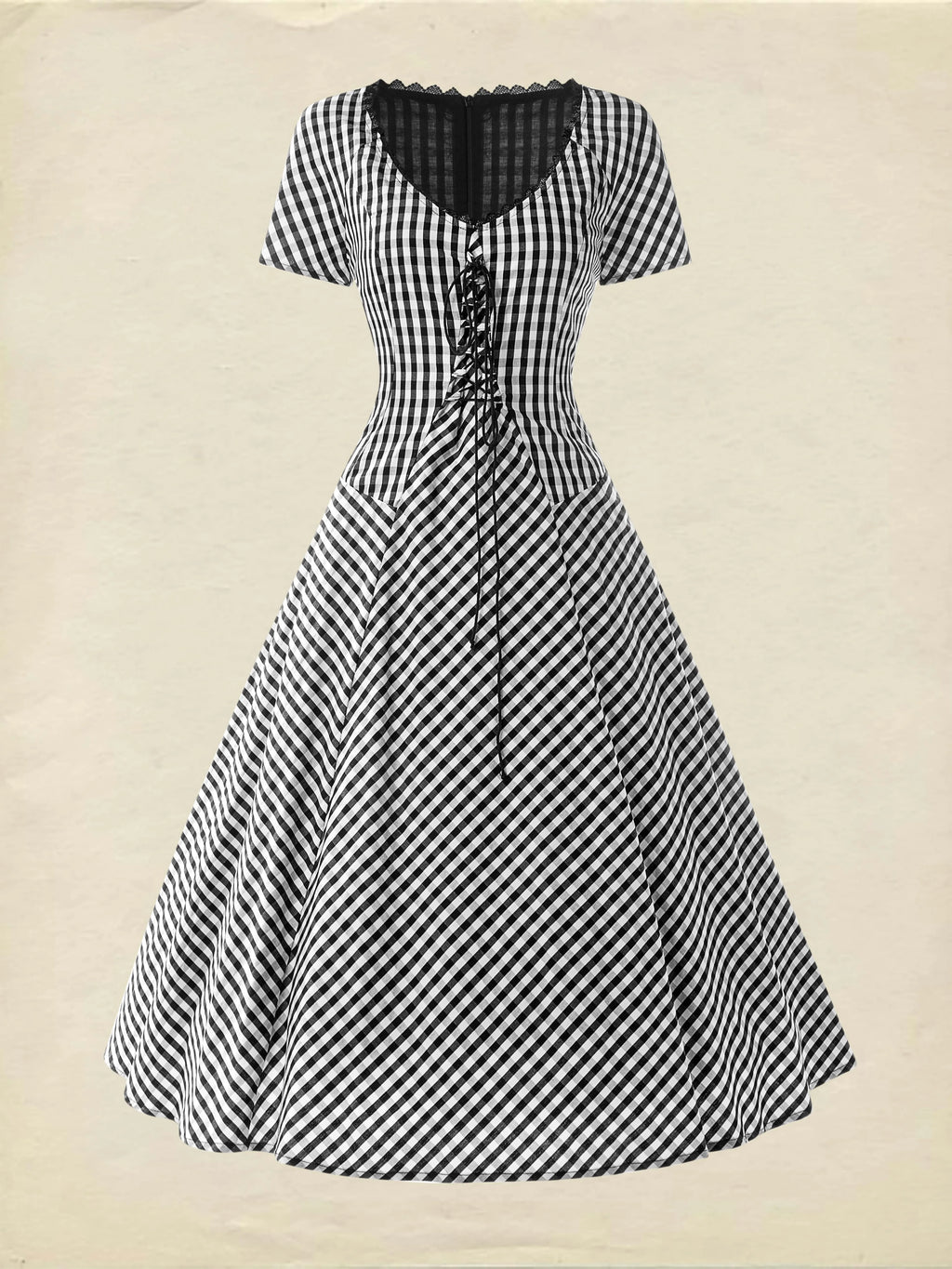 Cotton Midi Dress, Short Sleeve, Lace Collar, Plaid, Vintage, White