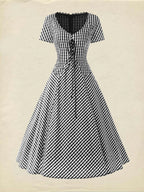Cotton Midi Dress, Short Sleeve, Lace Collar, Plaid, Vintage, White