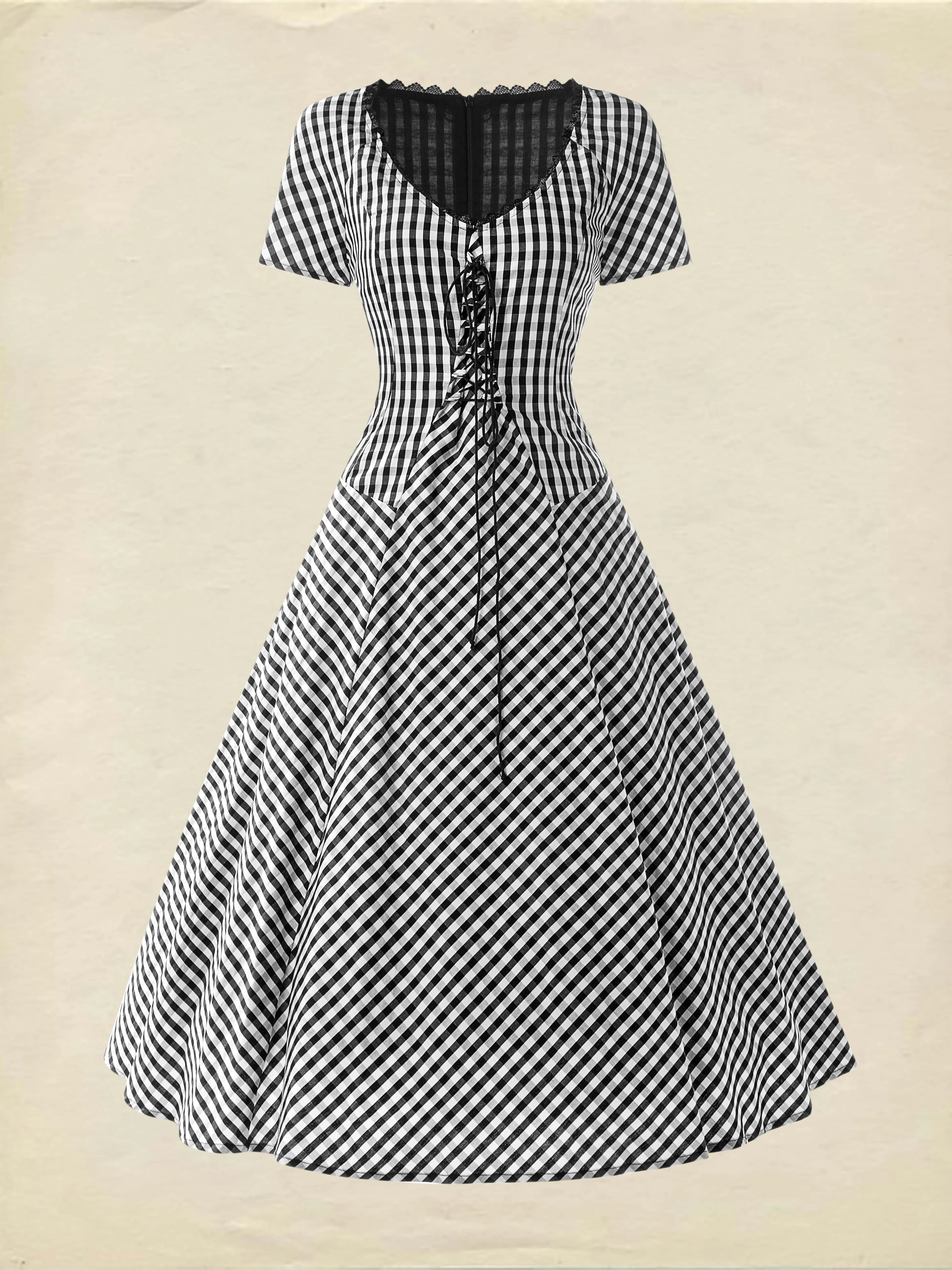 Cotton Midi Dress, Short Sleeve, Lace Collar, Plaid, Vintage, White
