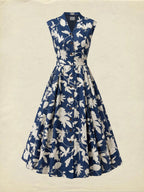 Midi Linen Dress , Cap Sleeves, V Neck, Floral, Button Design, Vintage, Dark Blue