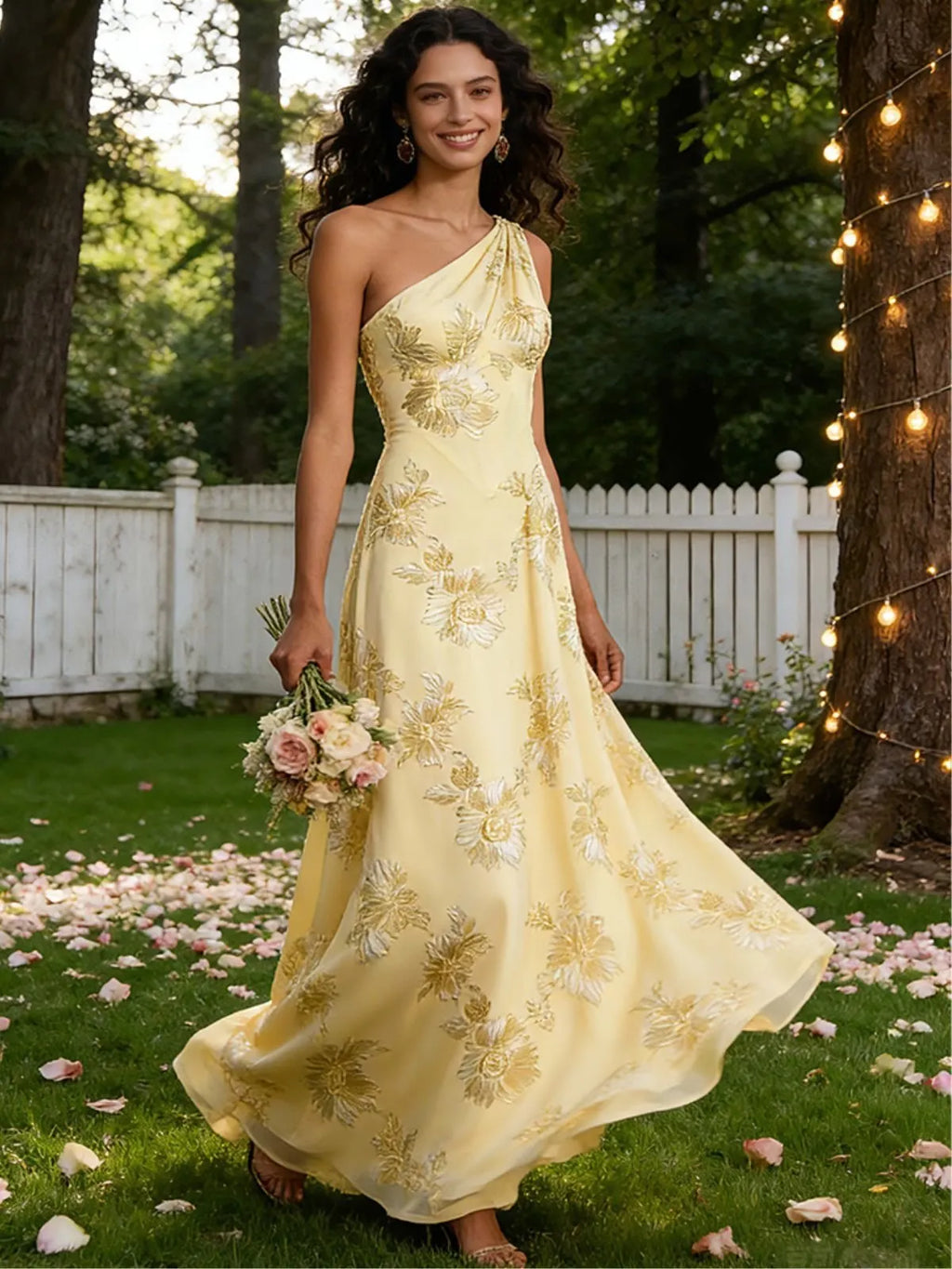 Yellow Jacquard Classic One Shoulder Sleeveless A-Line Maxi Dress