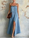 Light Blue Tencel Denim Spaghetti Strap Maxi Dress With Belt