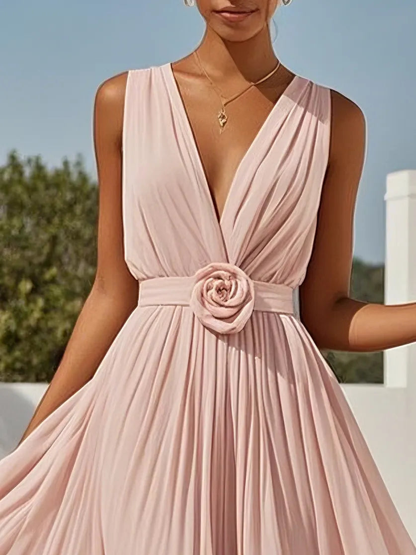 Pink 3D Floral Pleated Chiffon V Neck Sleeveless A-Line Maxi Dress