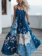 Women's Japanese Traditional Sashiko Floral Wave Geometric Patchwork Casual Dress