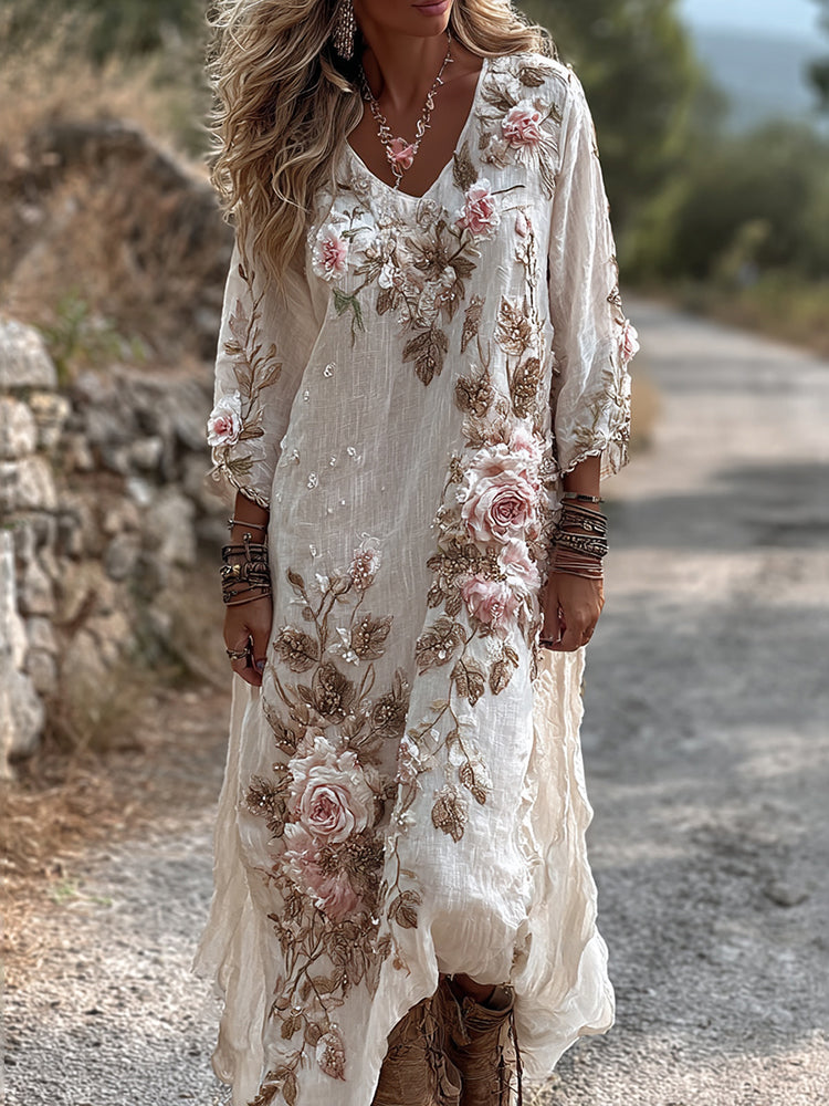 Women's Floral Roses Art Print Flowy Linen Blend Casual V Neck Maxi Dress