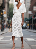 White Hollow Out Plaid Classic V Neck Short Sleeve Sheath Midi Dress