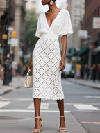 White Hollow Out Plaid Classic V Neck Short Sleeve Sheath Midi Dress