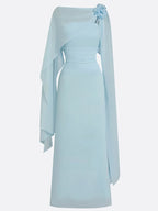 Light Blue 3D Floral Chiffon Boat Neck Cap Sleeve Sheath Gown Dress