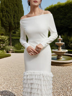 Off White Off The Shoulder Ruched  Mermaid Gown