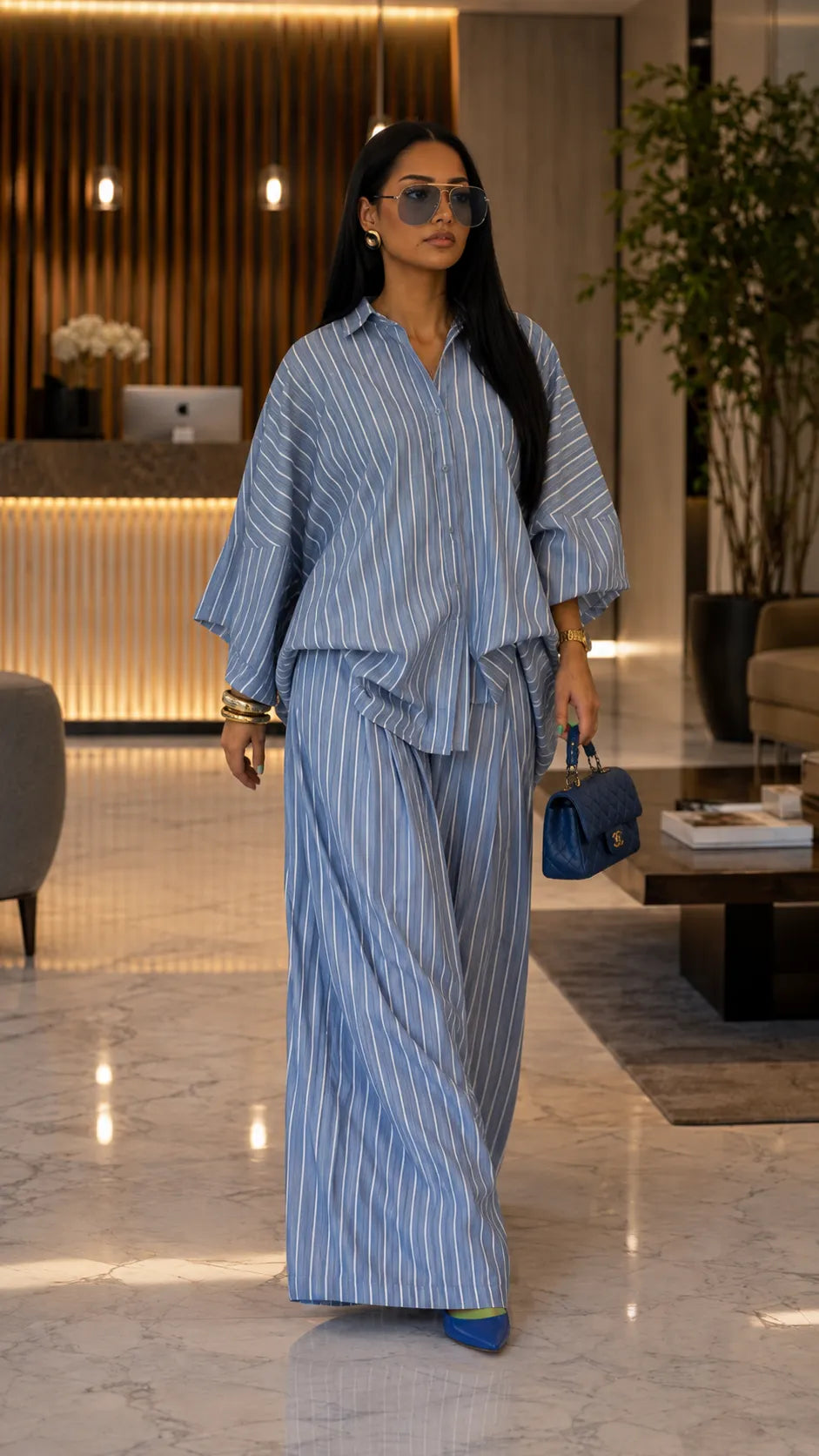 Vertical Stripe Oversized Shirt & Wide-Leg Pant Two-Piece