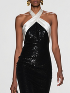 Black Sequin Halter Sleeveless Sheath Maxi Dress
