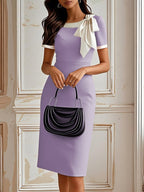 Black Bow Short Sleeve Sheath Midi Dress