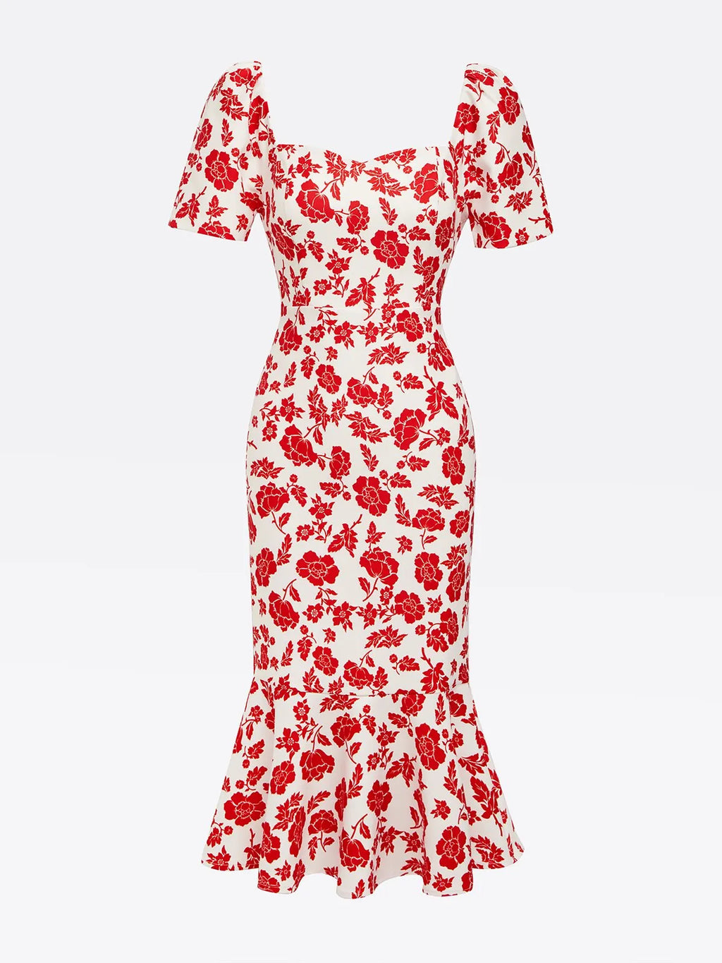 Red Floral Sweetheart Neckline Mermaid Midi Dress
