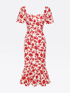 Red Floral Sweetheart Neckline Mermaid Midi Dress