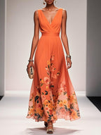 Navy Blue Floral Mesh V Neck Sleeveless A-Line Maxi Dress
