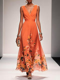 Orange Floral Chiffon V Neck Sleeveless A-Line Maxi Dress