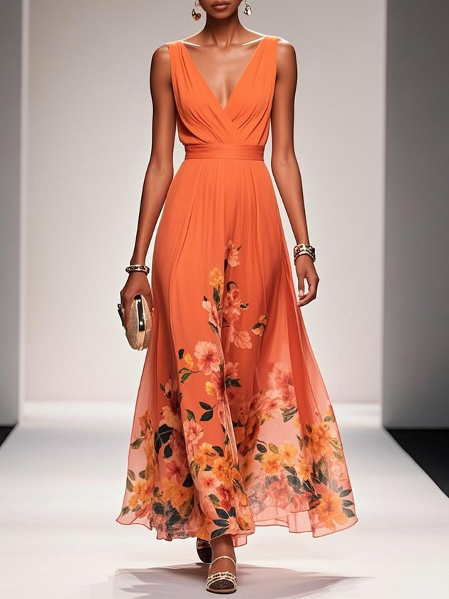 Orange Floral Chiffon V Neck Sleeveless A-Line Maxi Dress