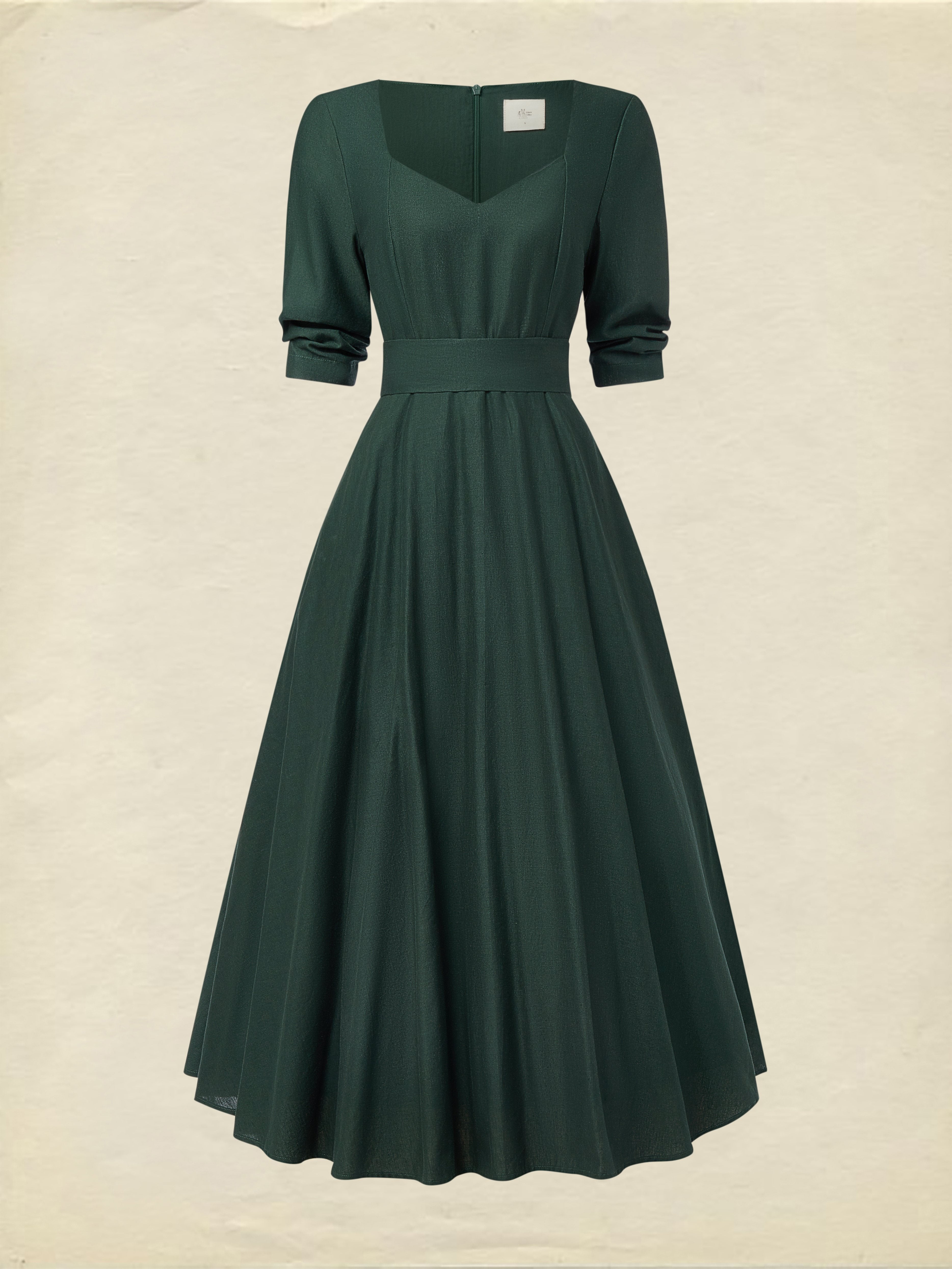 Midi Linen Dress , Half Sleeve, Sweetheart Neck, Plain, Vintage, Deep Green