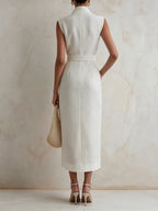 Belted Sleeveless Blazer Midi Dress With Gold Buttons