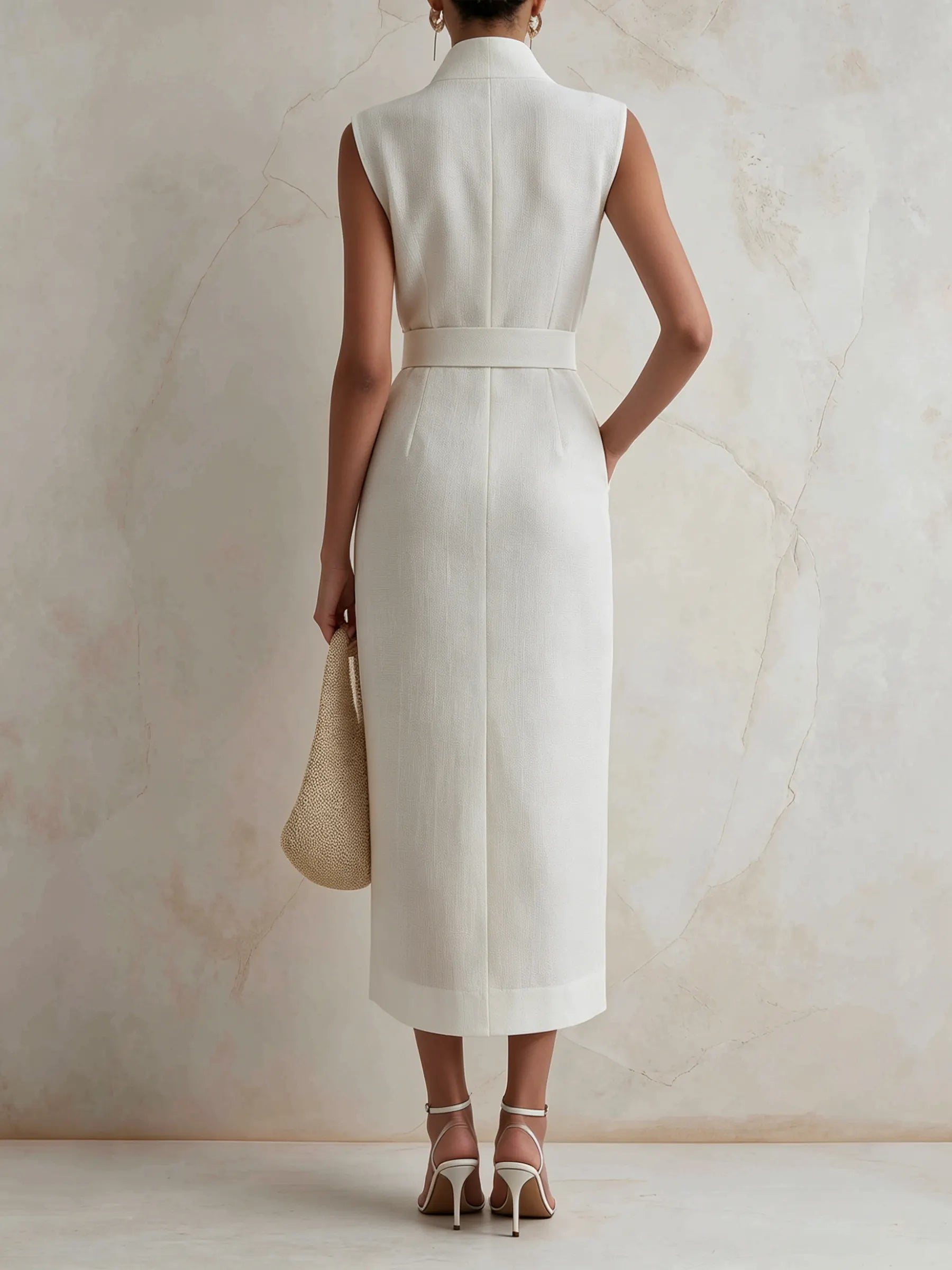 Belted Sleeveless Blazer Midi Dress With Gold Buttons