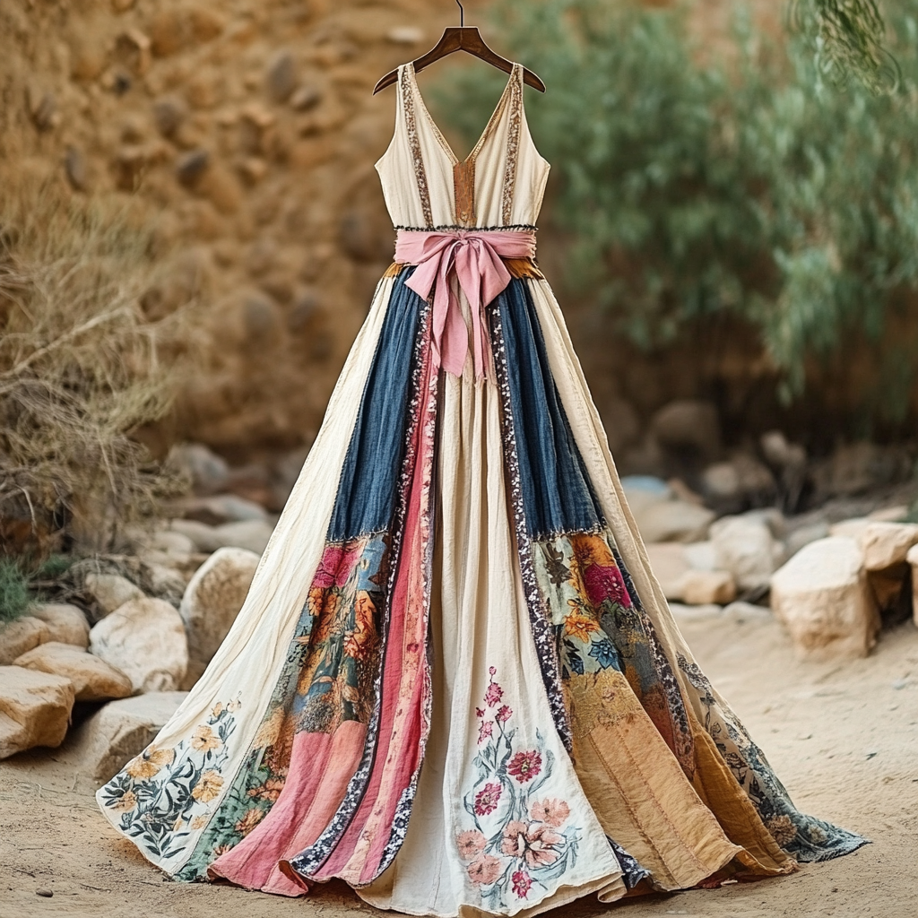 Women's Vintage Floral Art Linen Dress 0957