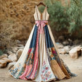 Women's Vintage Floral Art Linen Dress 0957