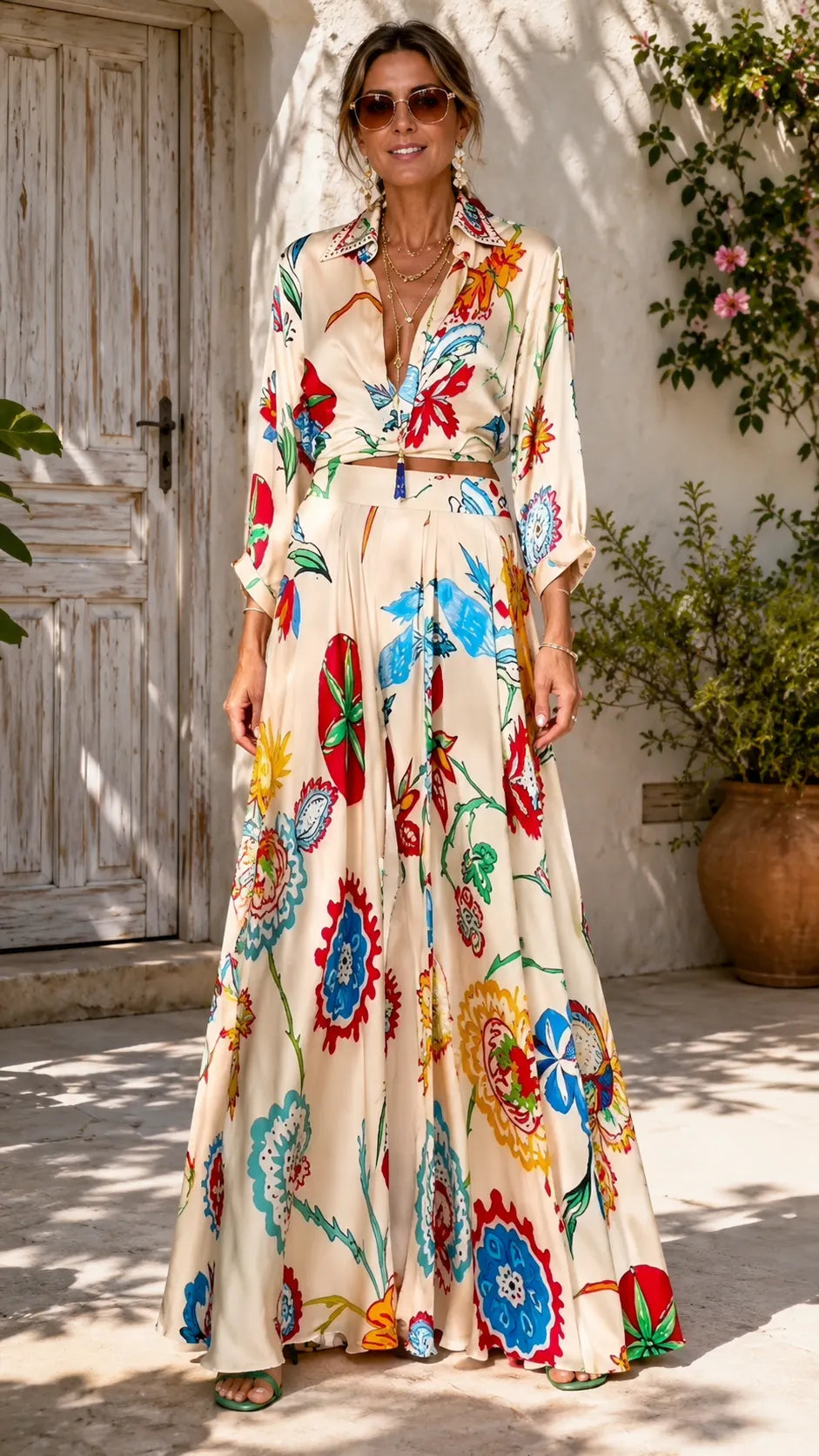 Women's Collared Printed Satin Resort Set