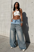 Layered Waistband Wide Leg Denim