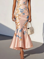Pink Floral Satin Spaghetti Gallus Mermaid Midi Dress