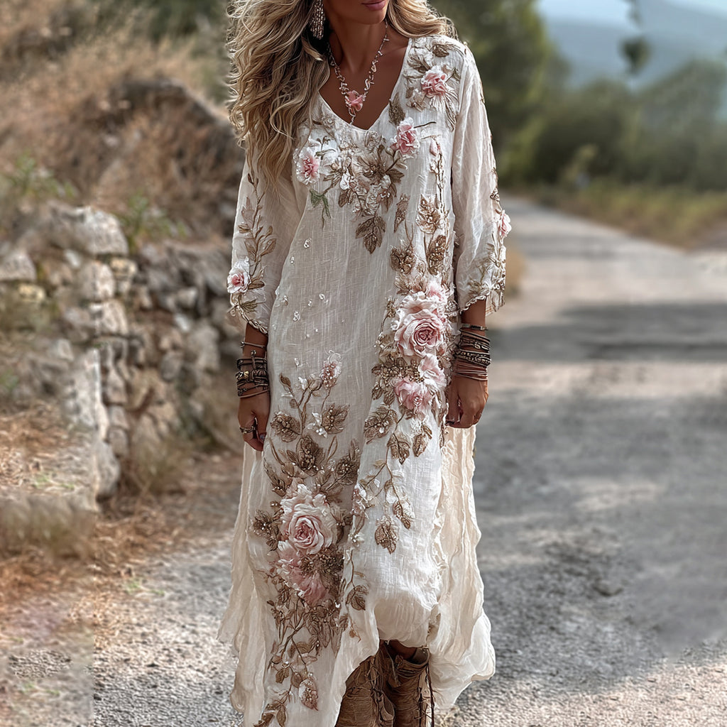 Women's Floral Roses Art Print Flowy Linen Blend Casual V Neck Maxi Dress