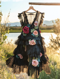 Summer Handmade Floral Black Feather Dress 0d4a