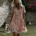 Women's Vintage Floral Art Print Flowy Linen Blend Casual Short Sleeve Mini Dress