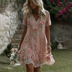 Women's Vintage Floral Art Print Flowy Linen Blend Casual Short Sleeve Mini Dress