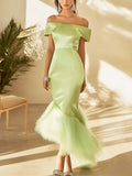 Mint Green Satin Dress with Feathered Bottom