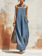 Adjustable Strap One-Shoulder Chambray Denim Maxi Jumpsuit