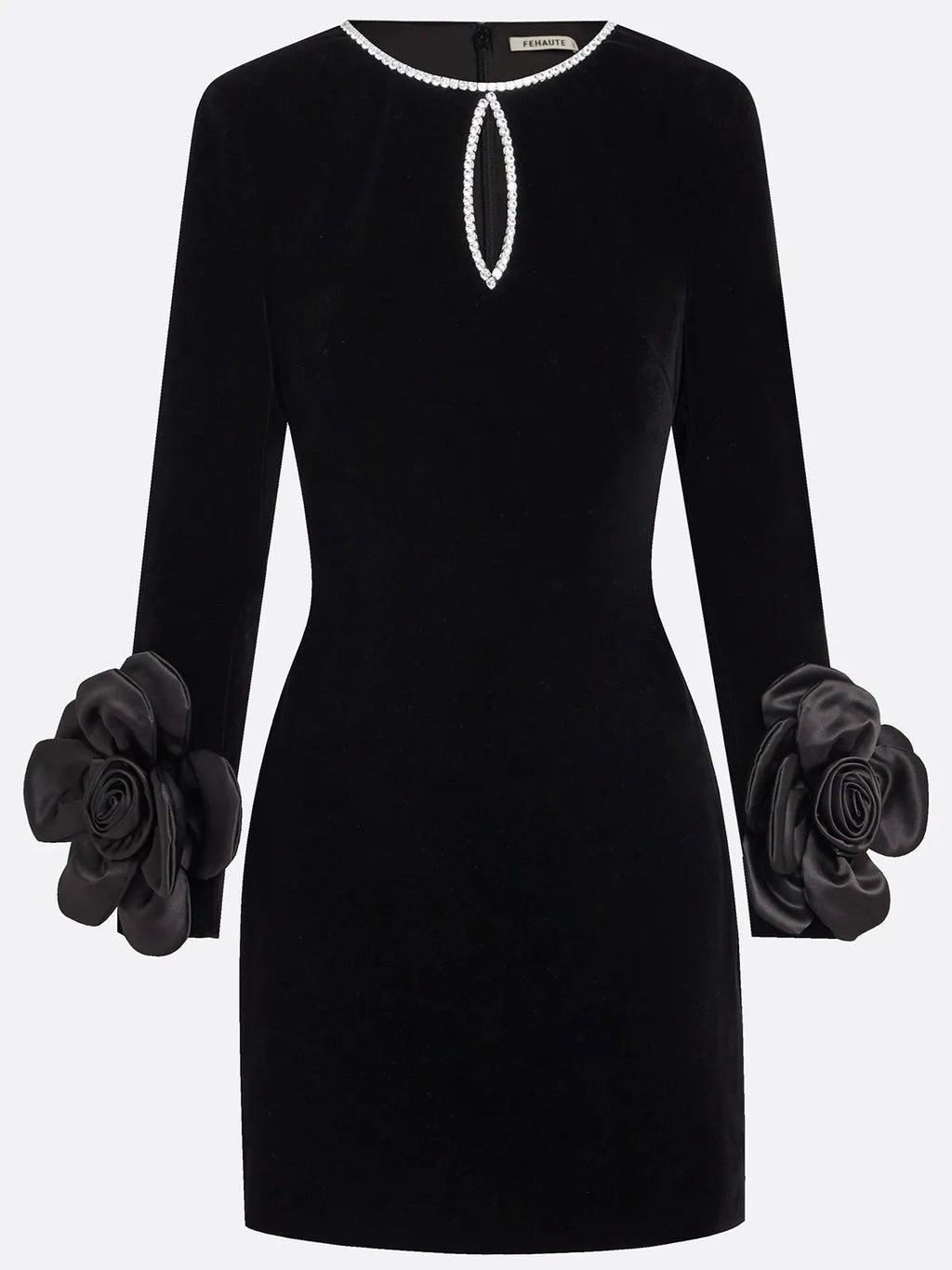 Black 3D Floral Rhinestone Velvet Crew Neck Long Sleeve Sheath Mini Dress
