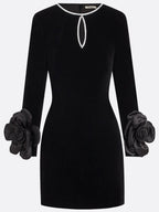 Black 3D Floral Rhinestone Velvet Crew Neck Long Sleeve Sheath Mini Dress
