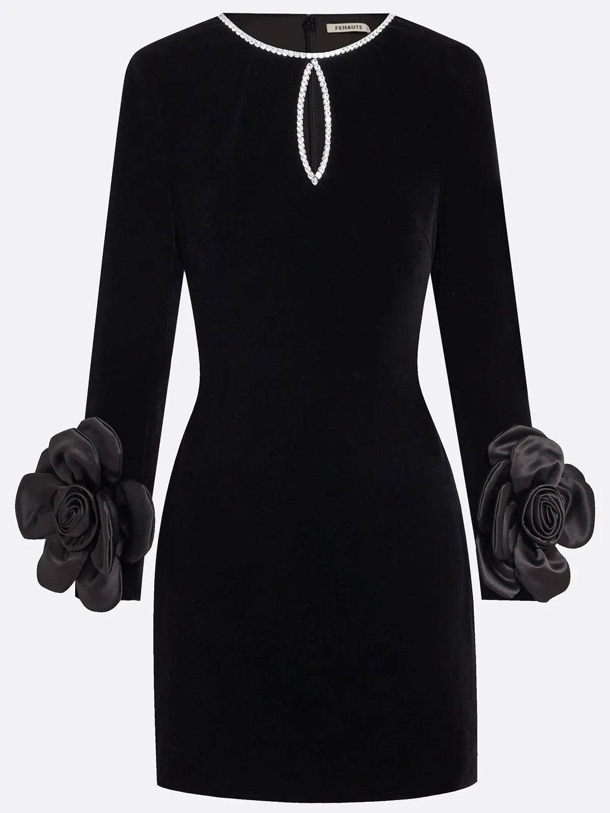 Black 3D Floral Rhinestone Velvet Crew Neck Long Sleeve Sheath Mini Dress